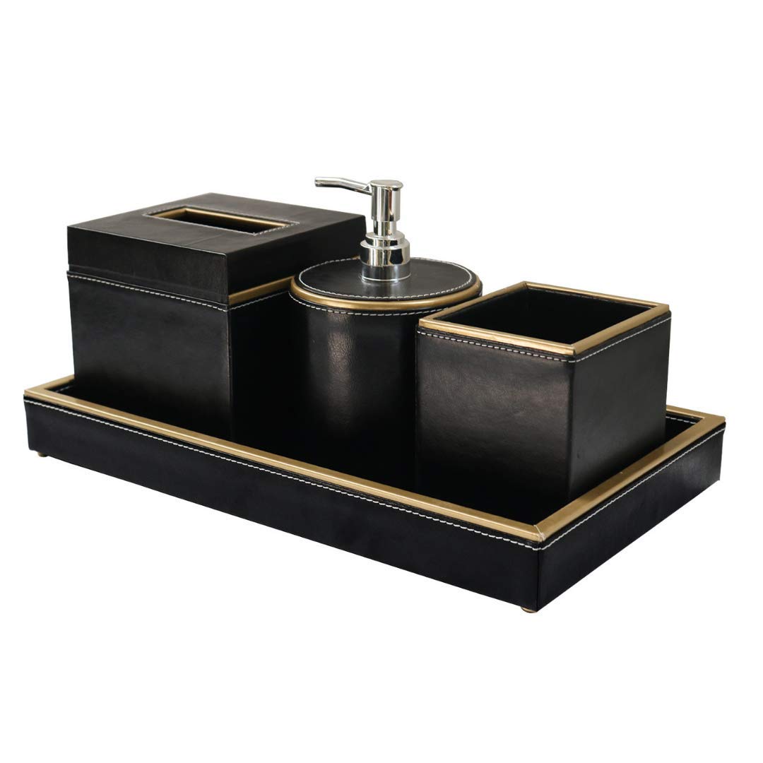 CasaGold Bathroom Accessory Sets II 4 Pieces Bathroom Accessories Complete Set II Vanity Countertop Set in Leather, Includes Soa