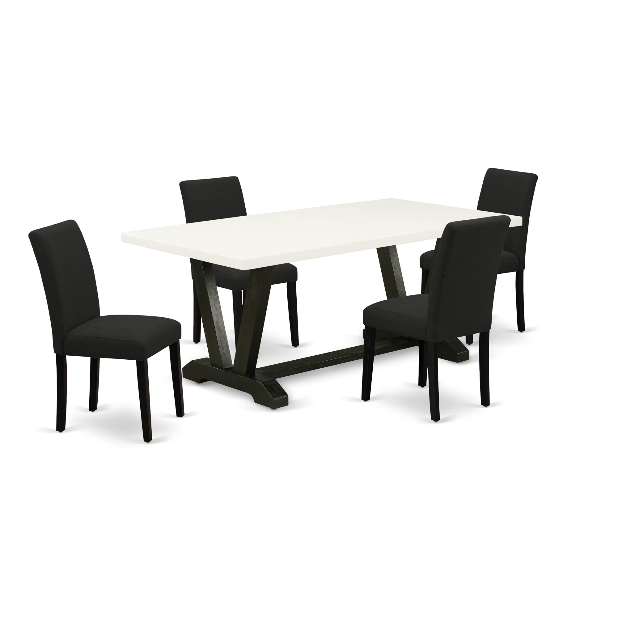 East West Furniture V-Style 5 Piece Set Includes A Rectangle Dining Room Table With V-Legs And 4 Black Linen Fabric Upholstered Parson Chairs, 40X72 Inch, Multi-Color