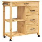 vidaXL Rolling Kitchen Trolley on Wheels - Solid Wood Pine, 4 Drawers, 2 Shelves, Honey Wax Finish, 33.1"x15.7"x35.4", Multipurpose Cart