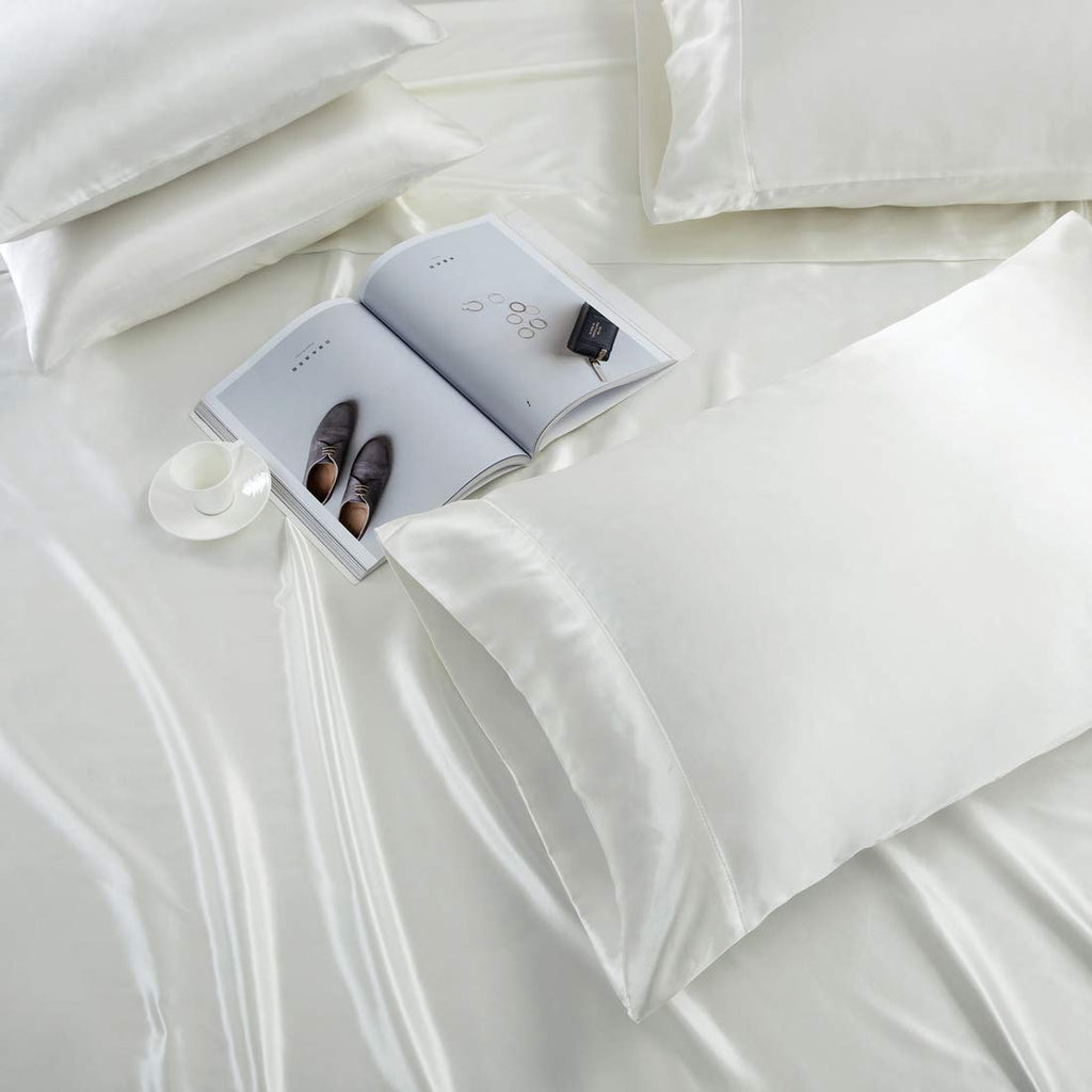Treely 6 Piece Satin Sheets King Size Silky Smooth Ivory White Satin Sheet Set With Deep Pocket, Satin Fitted Sheet, Flat Sheet,