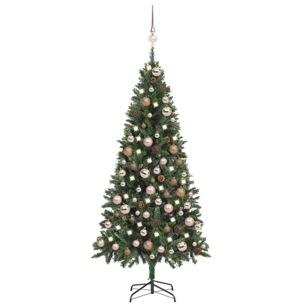 Vidaxl Artificial Prelit Christmas Tree With Led Lights, Pine Cones, Rose Gold Balls, And Iron Base  70.9 Inch  Green Xmas Tree