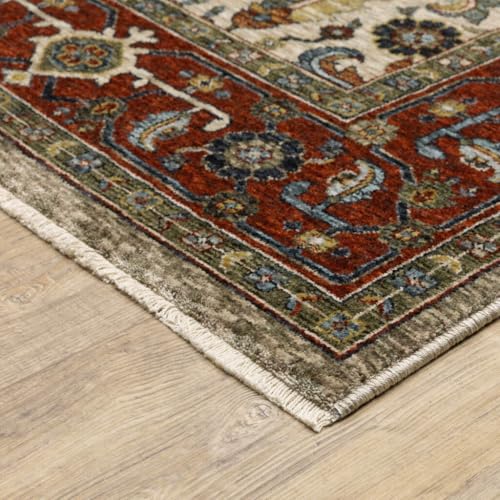 HomeRoots 507987 8 x 11 ft. Ivory Red Green Gray Blue & Navy Oriental Power Loom Stain Resistant Rectangle Area Rug with Fringe