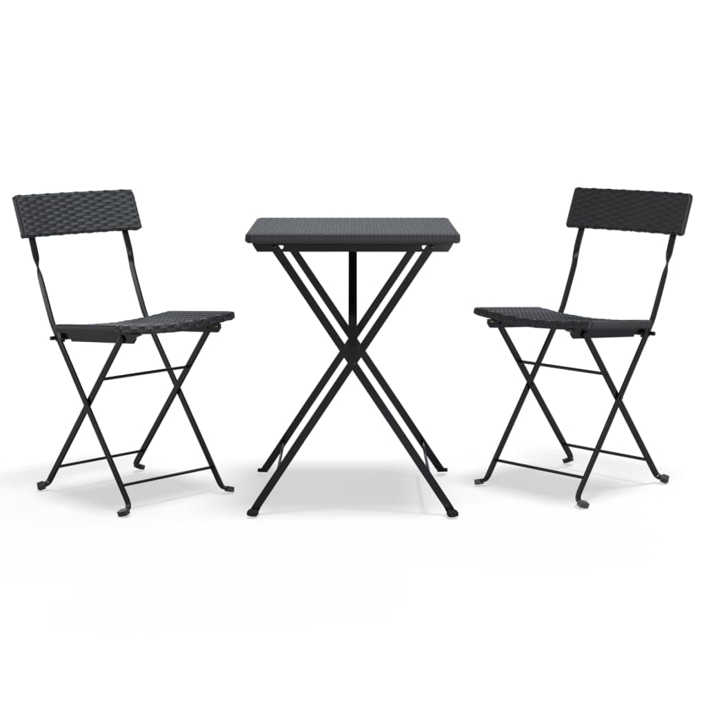 vidaXL 3 Piece Folding Bistro Set - Weather-Resistant Black Poly Rattan, Powder-Coated Steel Frame, Compact and Portable Outdoor Dining Furniture