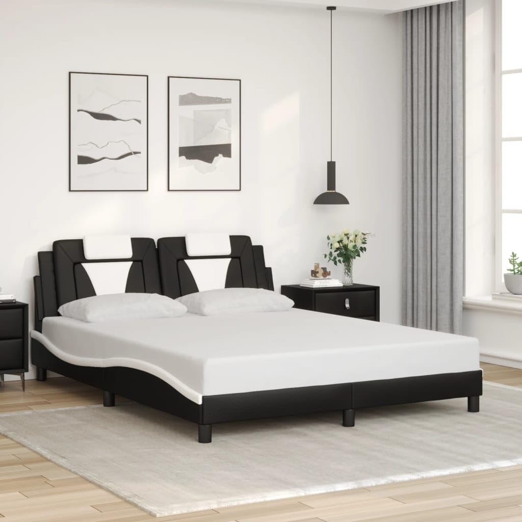 vidaXL - Queen Faux Leather Bed Frame with Headboard Black/White - Plywood Slats - Waved Side Design - 85.8"x61.8"x29.3"
