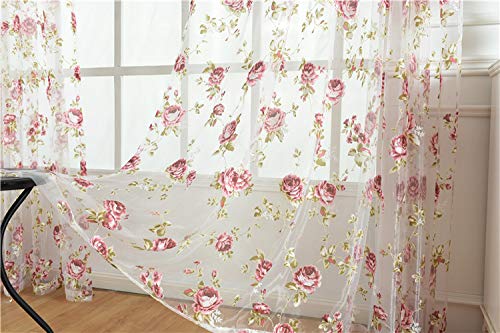 Kolachic Rod Pocket Top Rose Floral Sheer Voile Curtain, Pink Flower Tulle Transparent Window Treatment For Living Room Bedroom