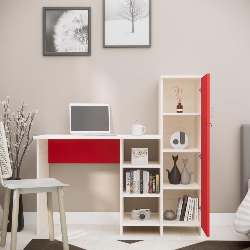 Blackwood Hutch Desk With Storage, Study Table For Office Bedroom Kitchen Living Room, Highland Pine & Scarlet Red, Termiteproo