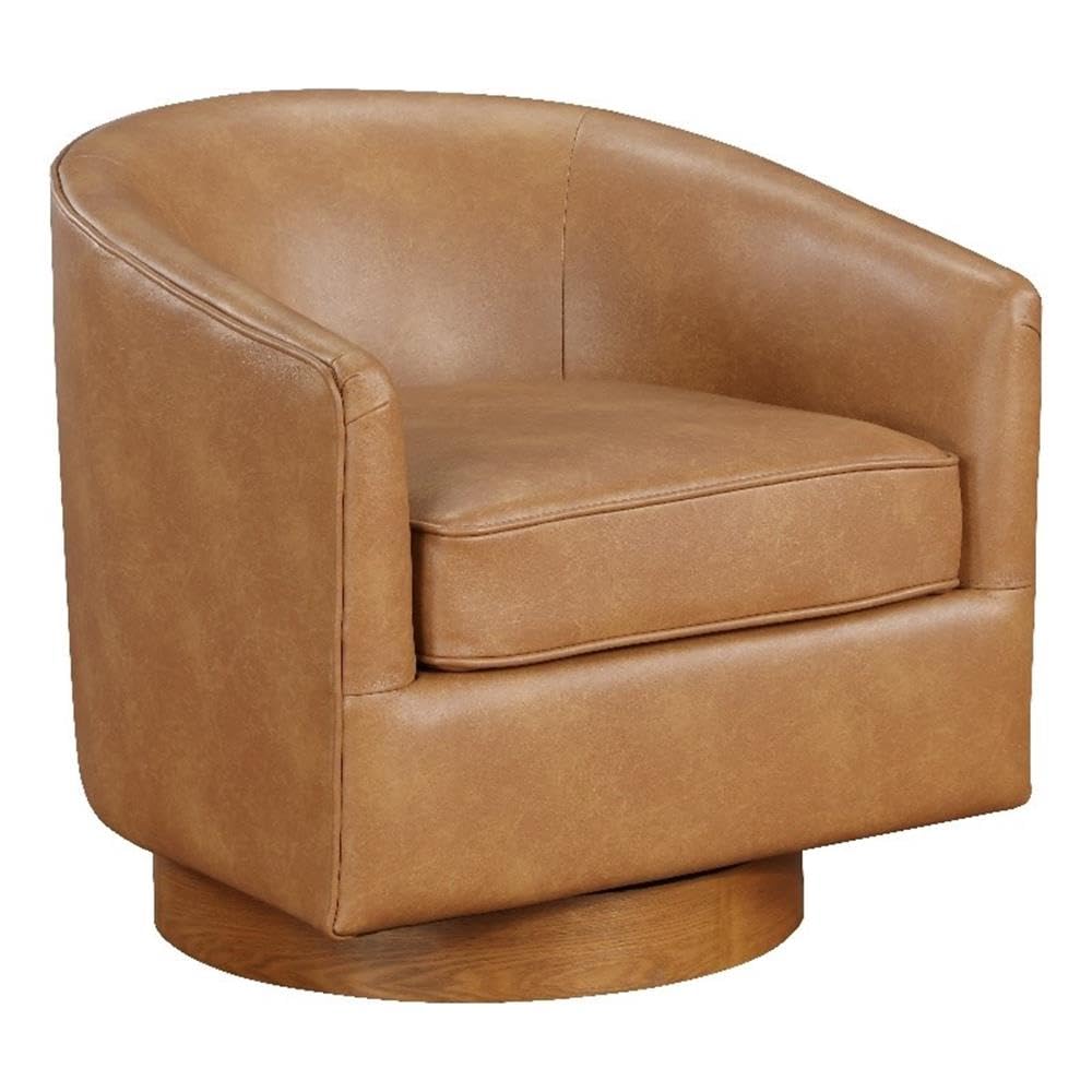 Comfort Pointe Irving Saddle Brown Faux Leather Wood Base Barrel Swivel Chair