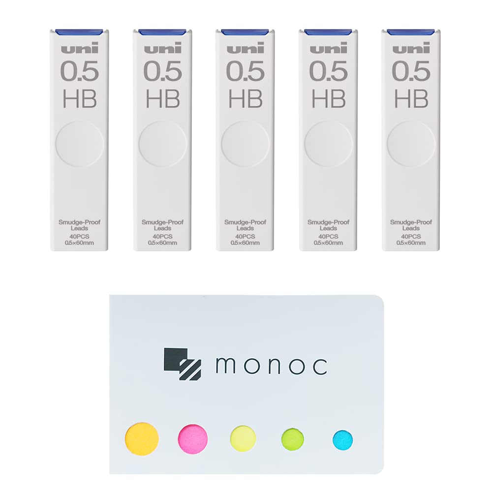 Uni Pencil Lead,'The Uni' Smudge-Proof Leads, 0.5Mm Hb, 5 Pack &'Monoc' Sticky Note(Japan Import)