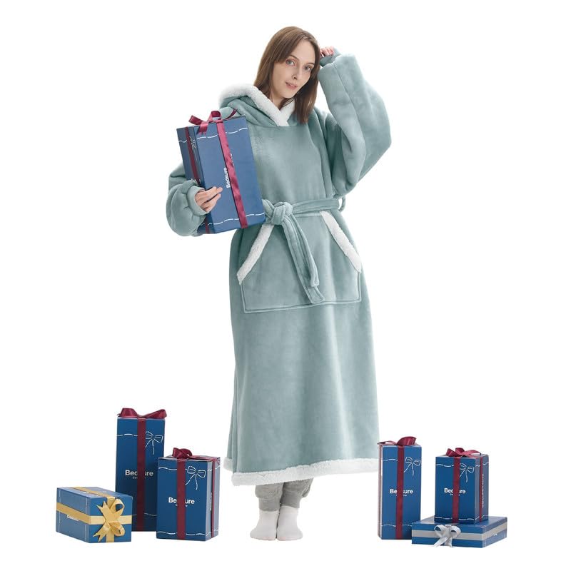 Bedsure Wearable Blanket Hoodie Women - Long Sherpa Hooded Blanket For Adult Women Men, Warm Cozy Blanket Sweatshirt With Giant