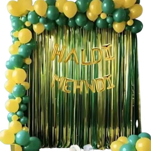 Celebration Nest 37 Pcs Haldi Mehndi Decoration Combo Set Vibrant Green Yellow Wedding Backdrop with Foil Banner Balloons Access