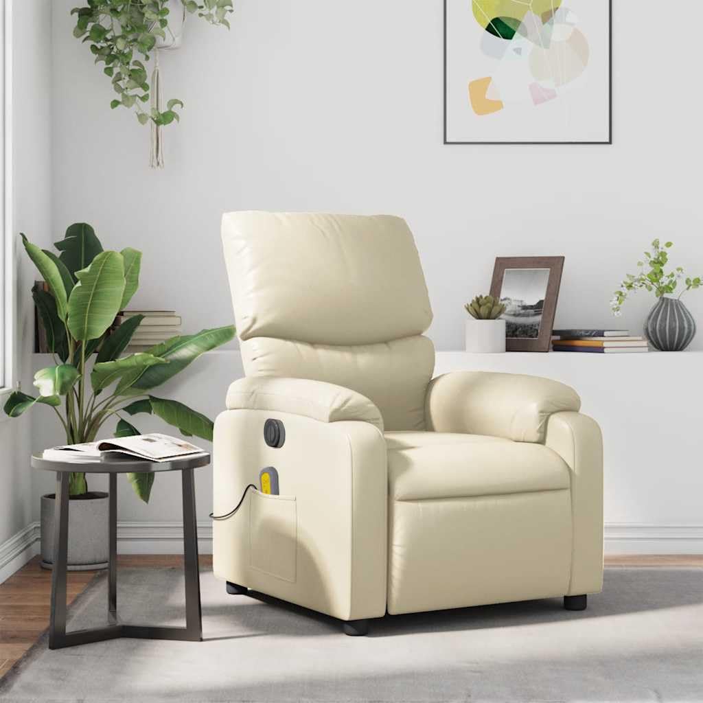 vidaXL Leather Massage Recliner Chair for Living Room, Home Theater, 6-Point Vibration Massage, Adjustable Back & Footrest, Side Pocket, Cream