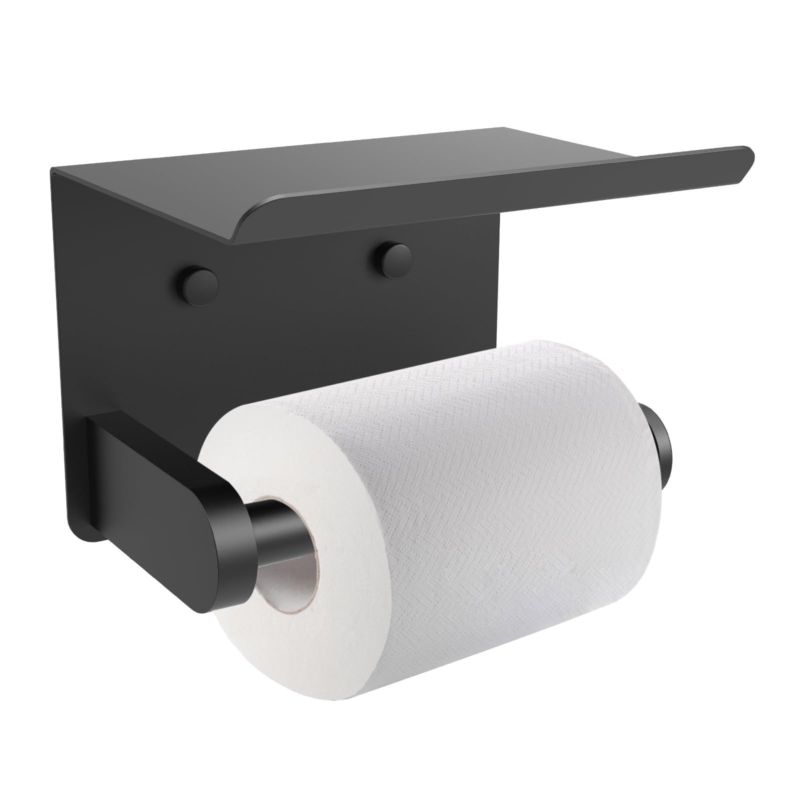 SetSail Toilet Paper Holder with Shelf Adhesive or Screw Bathroom Toilet Paper Roll Holders Wall Mount Matte Black Tissue Holder