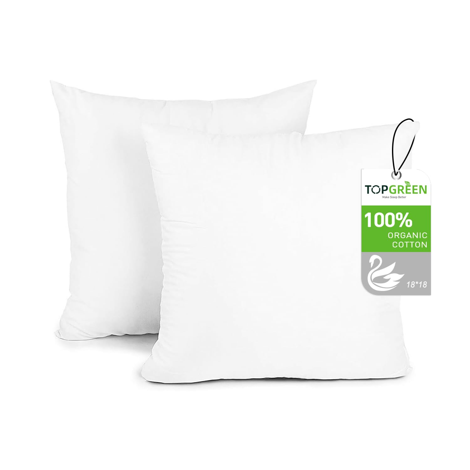 Topgreen Feathers Down Pillow Inserts 2 Pack | 18 X 18 Square Organic Pillows For Bed, Sofa, And Couch | 100% Cotton Shell, Soft