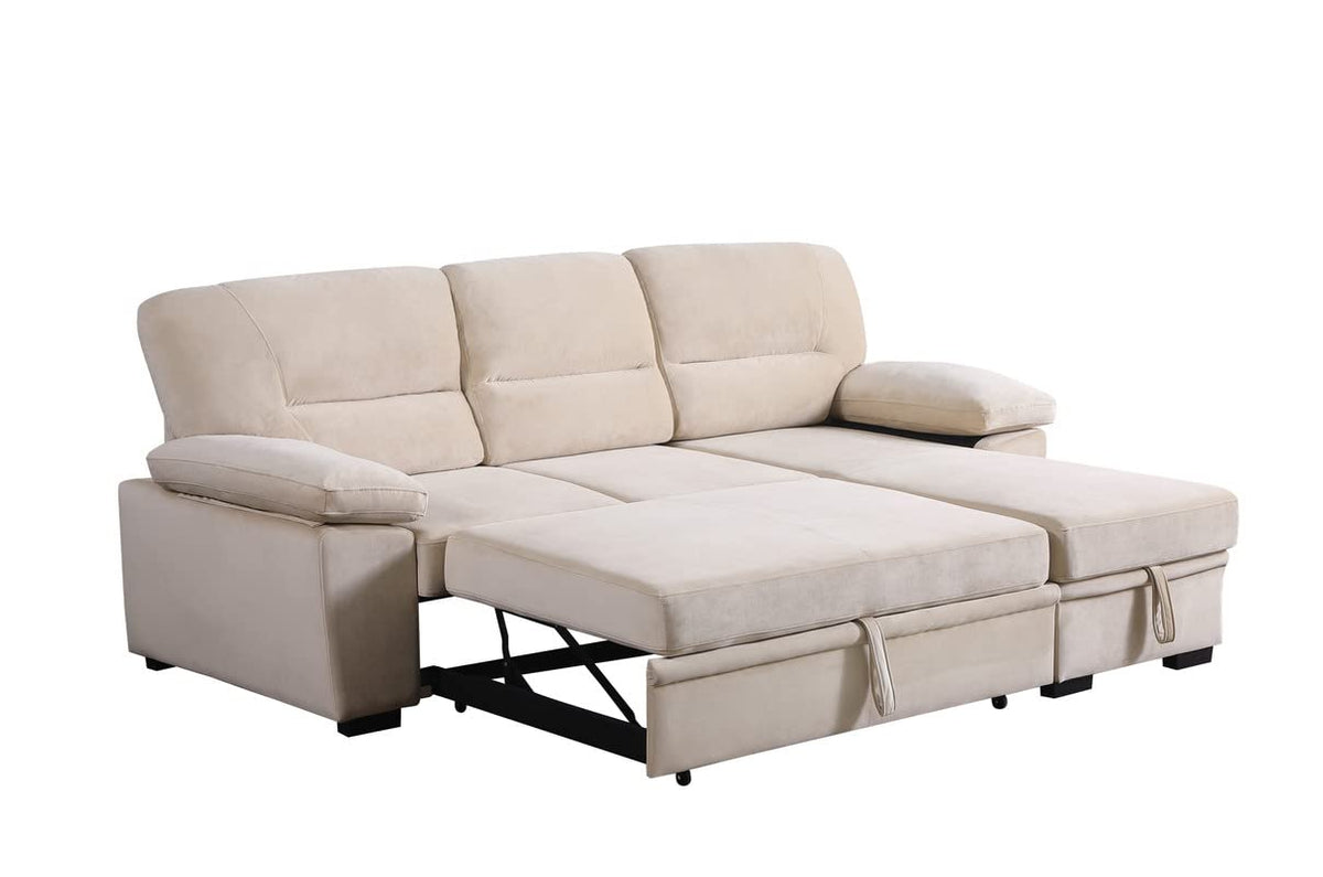 Lilola Home Kipling Beige Velvet Fabric Reversible Sleeper Sectional Sofa Chaise