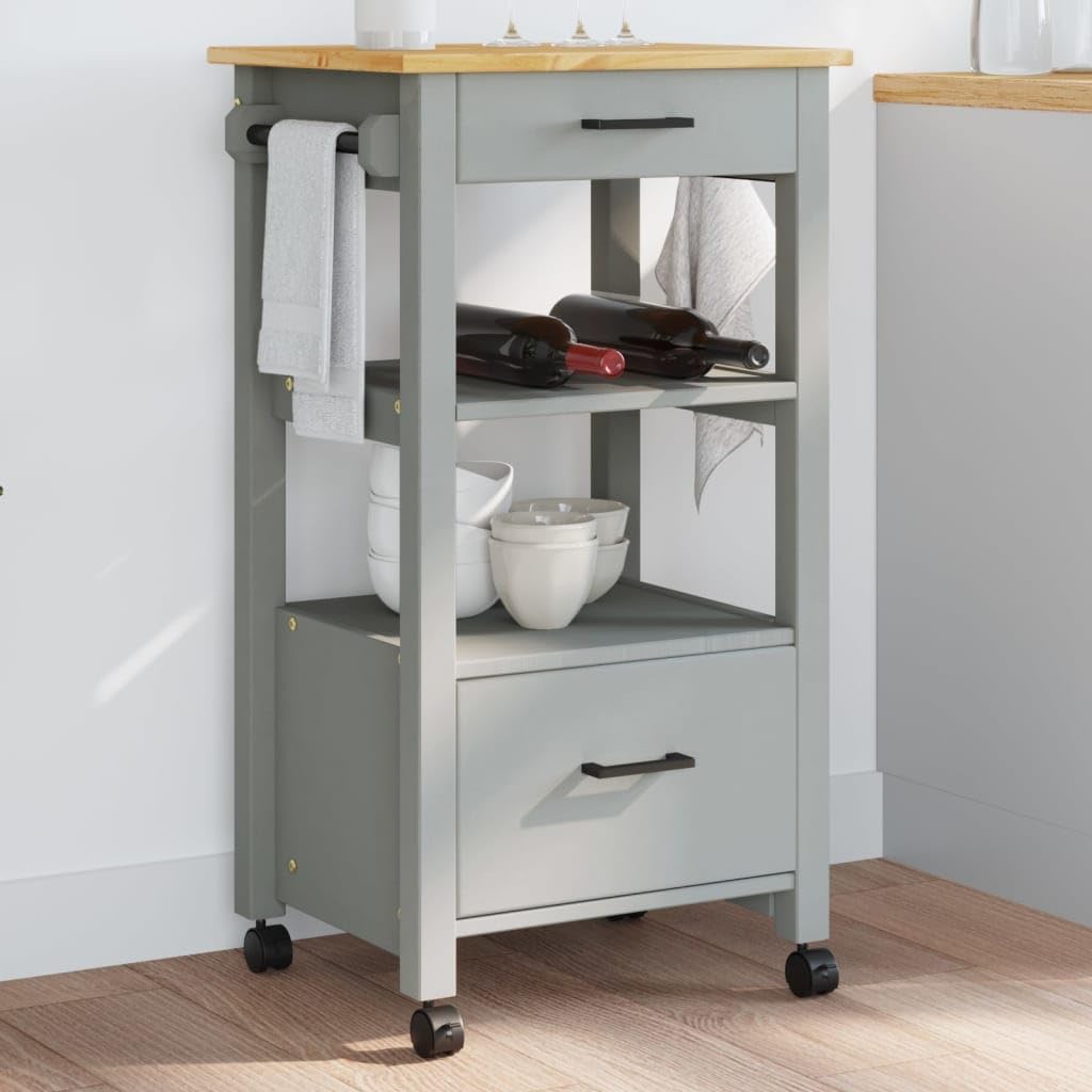 vidaXL Kitchen Trolley Rolling Cart - Solid Pine Wood, 2 Drawers, Slatted Shelf, Lockable Wheels, Gray and Honey Wax Finish for Home Storage