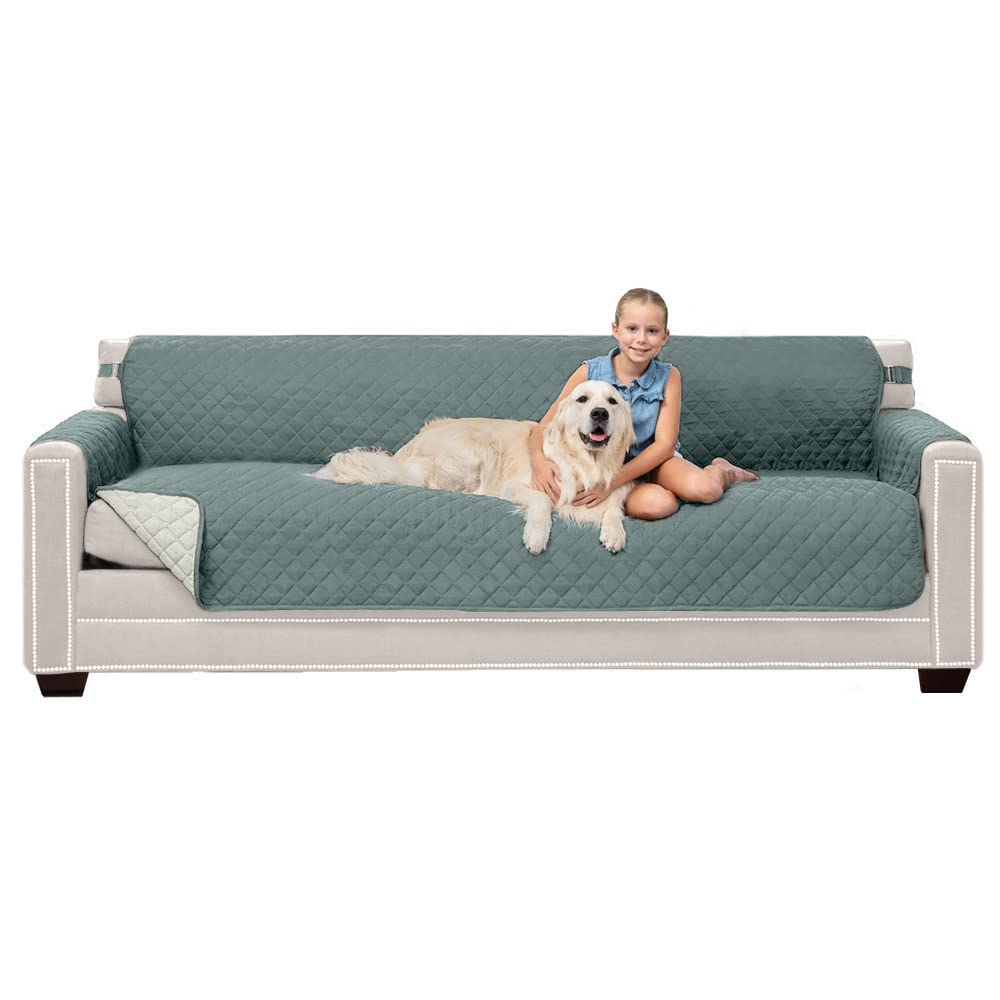 Sofa Shield Patented Couch Cover, Large Furniture Protector With Straps, Reversible Tear And Stain Resistant Slipcovers, Quilted Microfiber 88” Seat, Washable Covers For Dogs, Kids, Seafoam Cream