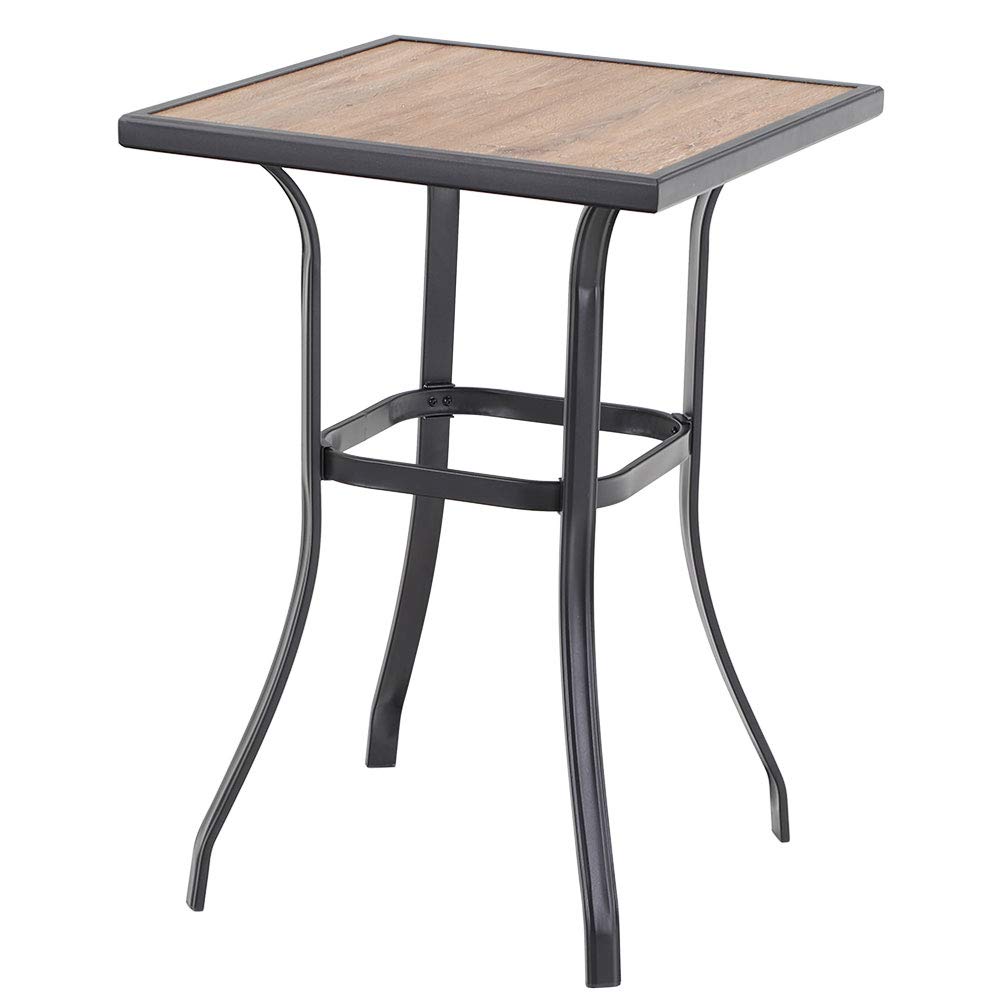 Phi Villa Patio Bar Table, Outdoor Bar Height Bistro Table With Wooden-Like Table Top & Metal Frame, Brown