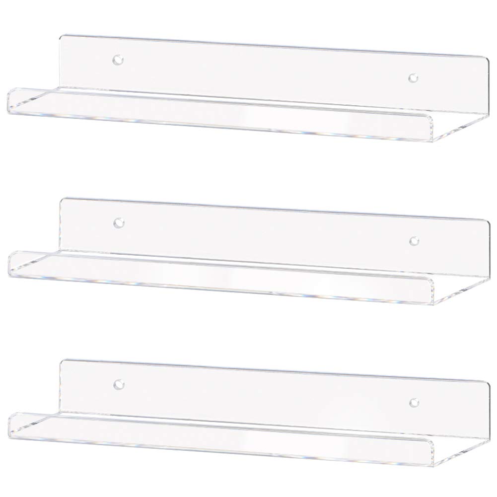 Weiai Clear Acrylic Shelf 15 Invisible Floating Wall Ledge Bookshelf, Kids Book Display Shelves Wall Mounted (15 Inch 3Pack)