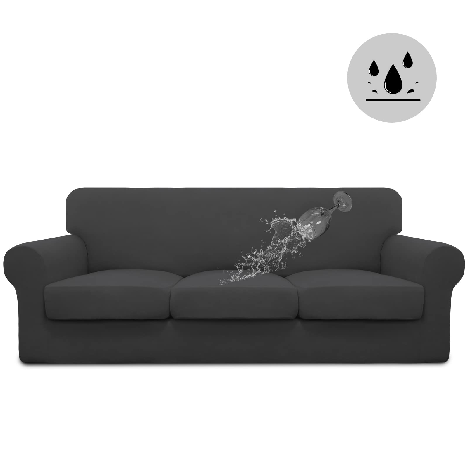 Easy-Going 100% Dual Waterproof 4 Pieces Oversized Cover Stretch Soft Couch Cover For Dogs, Sofa Slipcover For 3 Separate Cushion Couch Leakproof Furniture Protector For Kids, Pets Dark Gray
