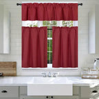 3Pc Set Solid Faux Silk Lined Blackout Rod Pocket Small Kitchen Window Curtain with Valance (K3) (Burgundy)