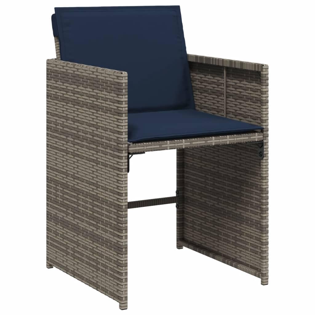 vidaXL Patio Dining Set with Cushions - 11 Piece Gray Poly Rattan Outdoor Garden Furniture - Tempered Glass Tabletop, Navy Blue Cushions - Space-Saving Foldable Chairs