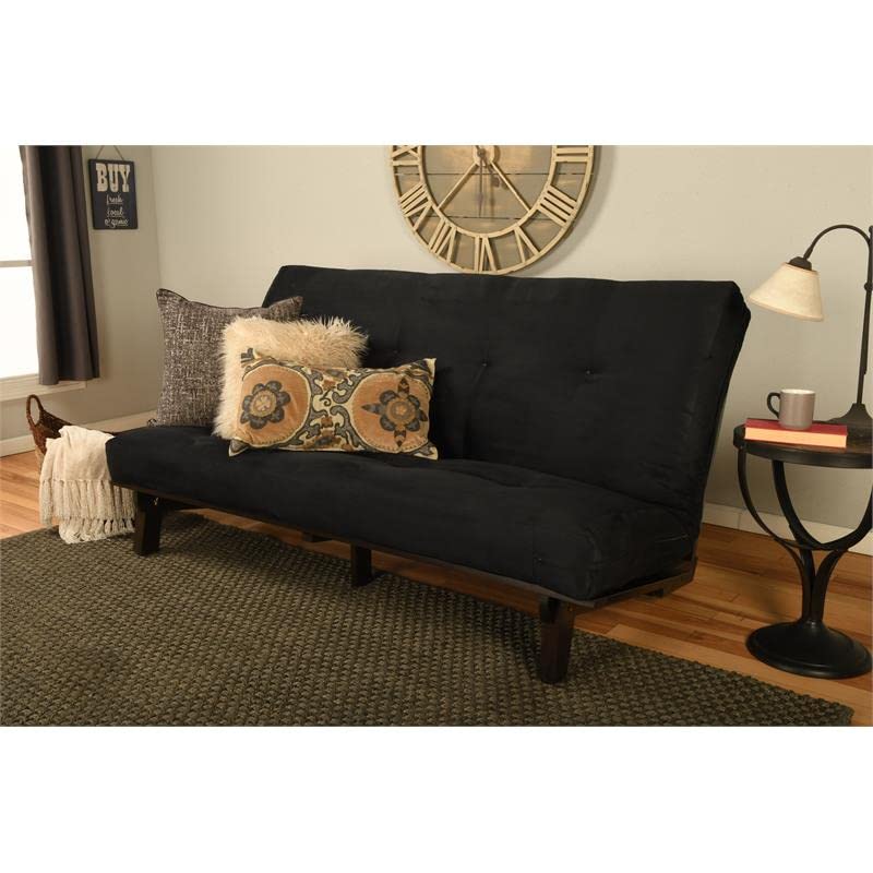 Kodiak Furniture Carson Full Size Futon Frame and Mattress Set - Java Brown Finish Wood Futon Frame with Mattress Included in Suede Black Color
