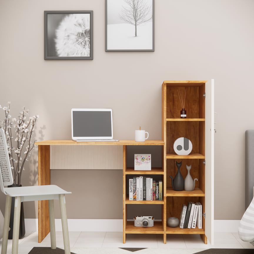 Furnesta Hutch Desk With Storage, Study Table For Office & Home, Highland Pine & Plateau Apple, Termiteproof Borerproof Engine