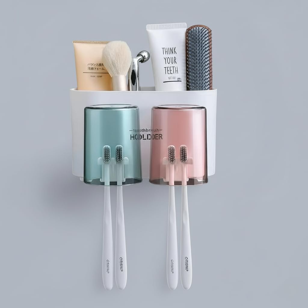 Elunexa Wall Mounted Toothbrush Holder for Bathroom, SelfAdhesive Brush Stand with Cover, Toothbrush & Toothpaste Organizer wit