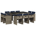 vidaXL Patio Dining Set with Cushions - 11 Piece Gray Poly Rattan Outdoor Garden Furniture - Tempered Glass Tabletop, Navy Blue Cushions - Space-Saving Foldable Chairs