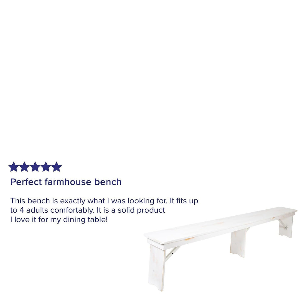 Flash Furniture Hercules Commercial Grade Farmhouse 3 Leg Bench - Solid Pine Foldable Bench with Seating for 4 - 8'x12" - Antique Rustic White