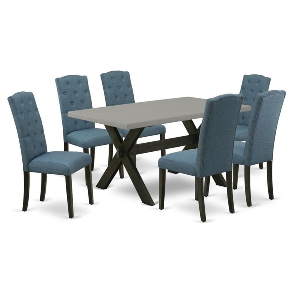 East West Furniture X696Ce121-7 7 Piece Dinette Set Consist Of A Rectangle Dining Room Table With X-Legs And 6 Mineral Blue Linen Fabric Upholstered Chairs, 36X60 Inch, Multi-Color