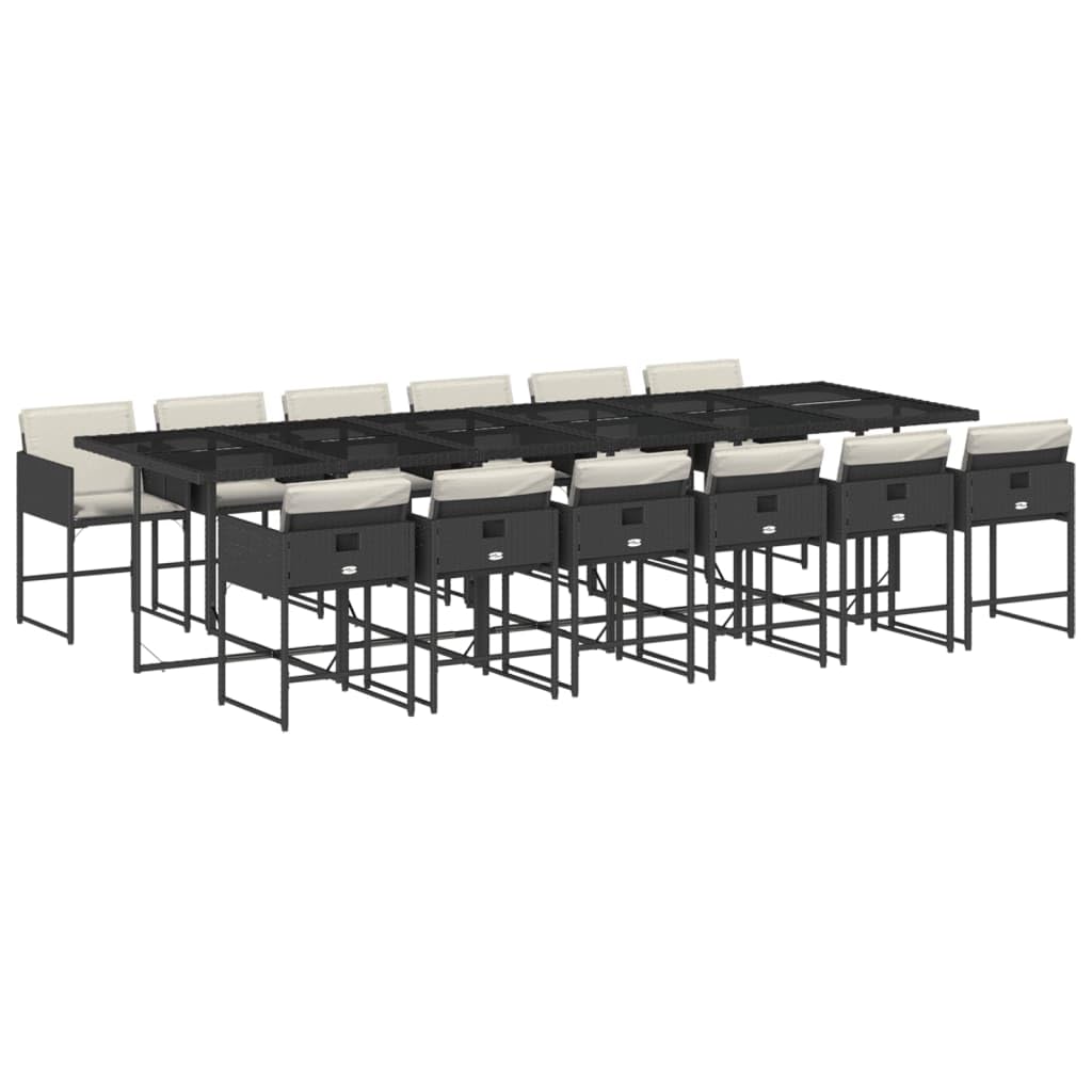 vidaXL 13 Piece Patio Dining Set with Cushions - Black PE Rattan Garden Table & 12 Chairs - Outdoor Deck Furniture with Tempered Glass Top