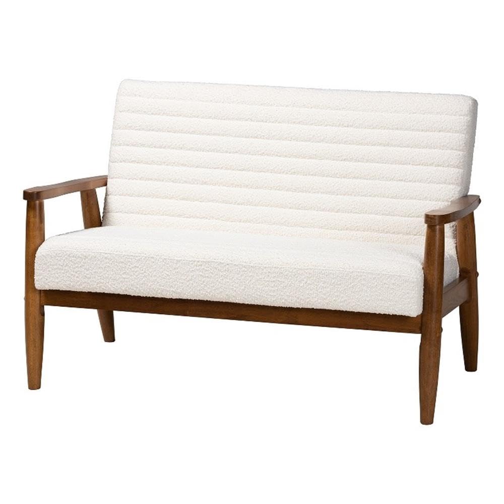 Baxton Studio Stratton Mid-Century Modern Cream Boucle Fabric and Walnut Brown Finished Wood Loveseat Walnut Brown/WhiteMaterial