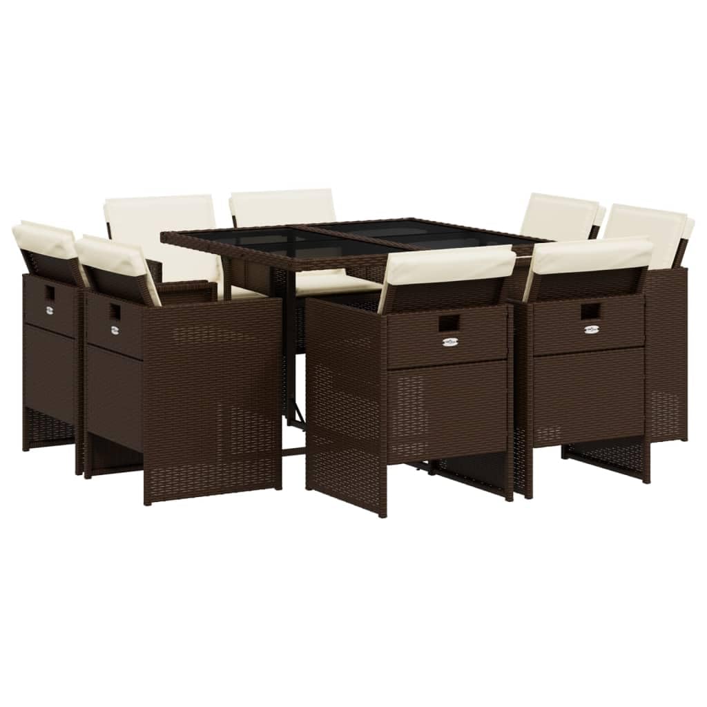 vidaXL Patio Dining Set with Cushions - 9 Piece Brown Poly Rattan Furniture for Outdoor/Garden/Backyard/Deck with Compact Storage and Tempered Glass Table