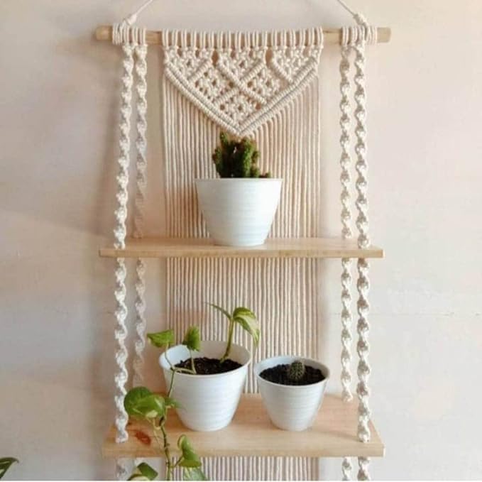 Muizz Macram Wall Hanging Shelf, Set of 1, Beige, Indoor Boho Wall Decor for Living Room, Wood Hanging Shelf Organizer, Handmade
