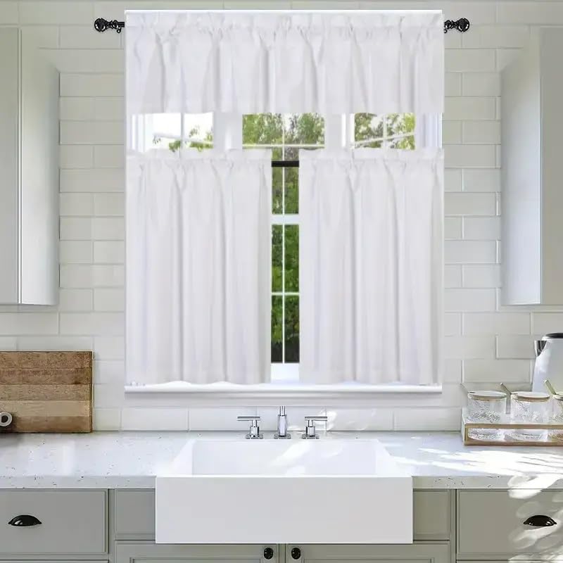 3Pc Set Solid Faux Silk Lined Blackout Rod Pocket Small Kitchen Window Curtain with Valance (K3) (White)