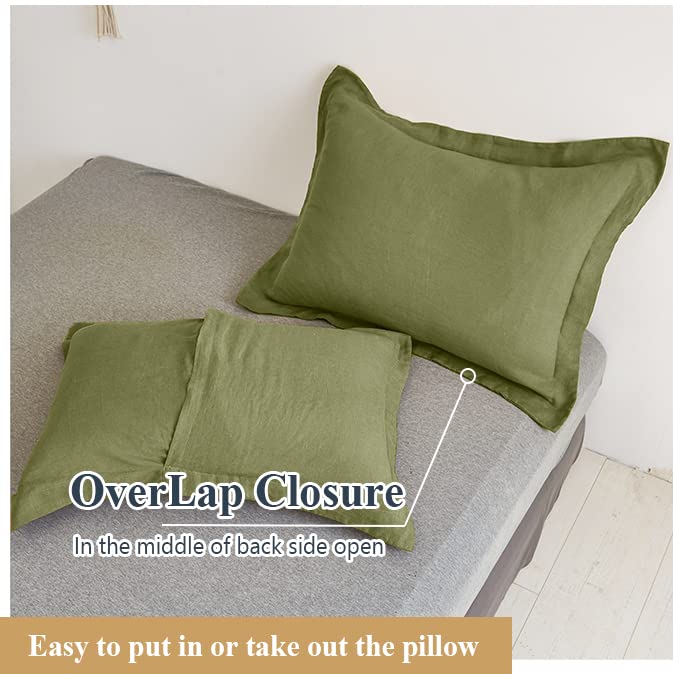 Simple&Opulence 100% Belgian Linen Pillow Shams -Set Of 2, Standard Size - Basic Style Breathable Pure Linen Suitable For Home - Soft Durable Envelope Closure Pillowcases (20''X 26'', Olive Green)