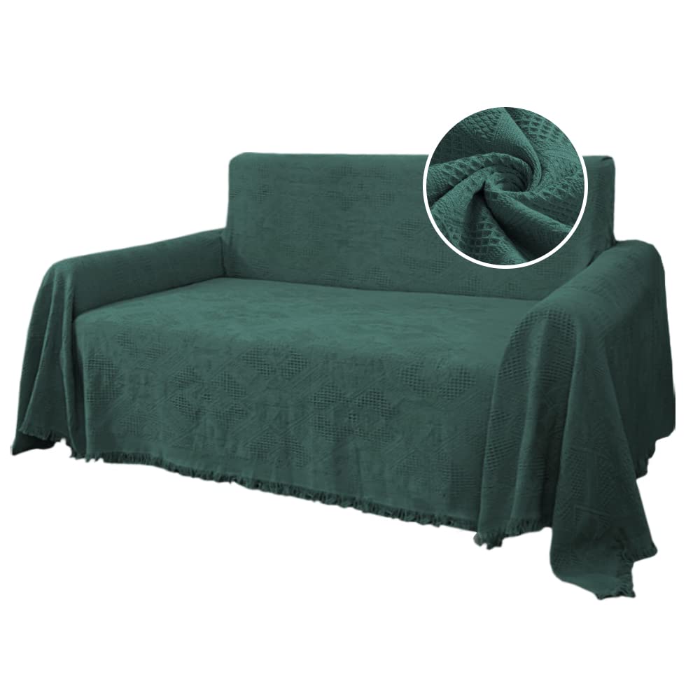 H.VERSAILTEX Cotton Sofa Covers Couch Cover Sofa Slipcover for Most Shape Sofas, Feature Thick Woven Jacquard Seamless with Tassels, Multi-Use Decorative for Couch (Large: 71 x 102, Green)