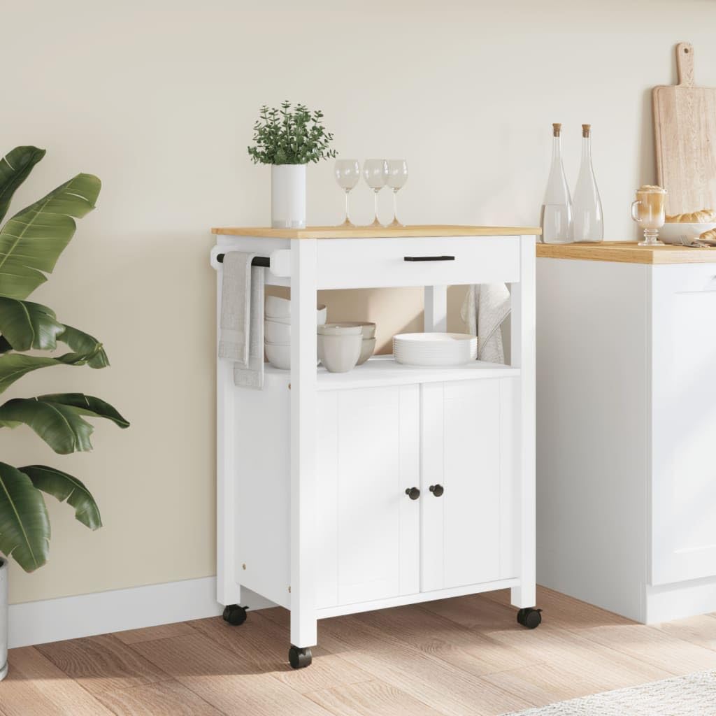 vidaXL Solid Pine Wood Rolling Kitchen Trolley - White/Honey Wax Finish with Drawer, Cabinet, Hooks, 23.6"x15.7"x35.4"