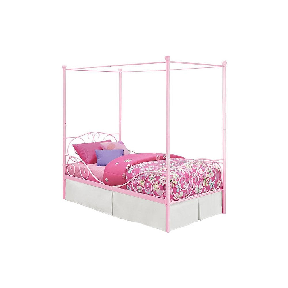 Dhp Metal Canopy Kids Platform Bed With Four Poster Design, Underbed Storage Space, No Box Sring Needed, Twin, Pink