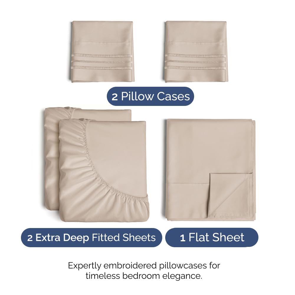 Extra Deep Pocket Split King Sheets - 5 Piece Breathable & Cooling Bed Sheets - Hotel Luxury Bed Sheet Set - Soft, Wrinkle Free & Comfy - Easily Fits Extra Deep Mattresses - Deep Pocket Wheat Sheets