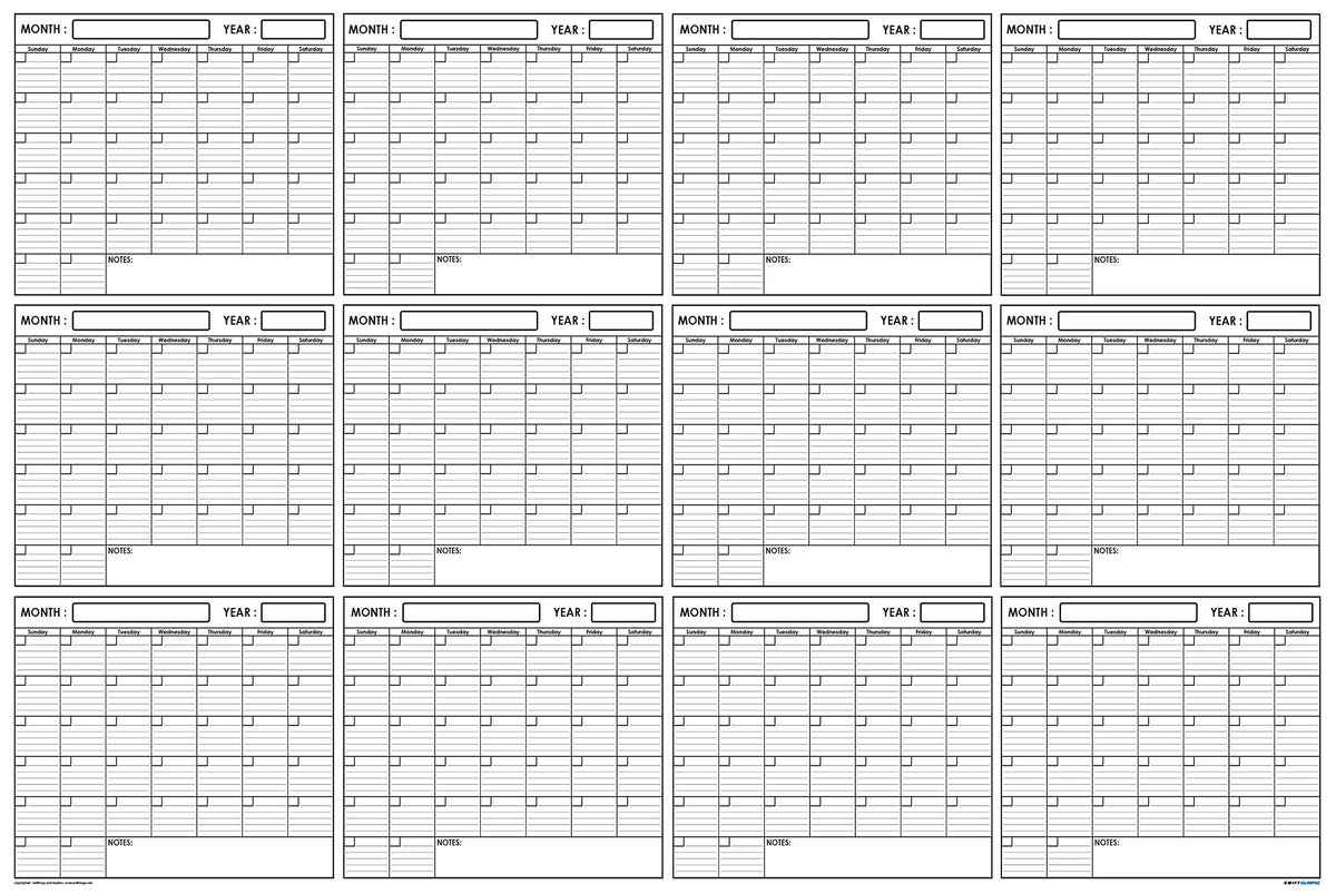 Swiftglimpse 36X48 Large Jumbo Oversized Erasable Laminated Blank Annual Yearly Wall Calendar Poster, 12 Months, Reusable For Of