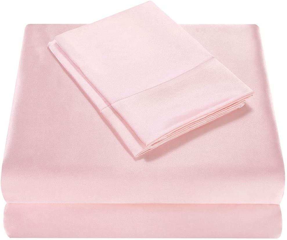 Homiest 5Pcs Satin Split King Sheets Sets For Adjustable Bed, Luxury Silky Satin Bedding Set With Deep Pocket, 2 Fitted Sheets + 1 Flat Sheet + 2 Pillowcases (Split King Size, Blush Pink)