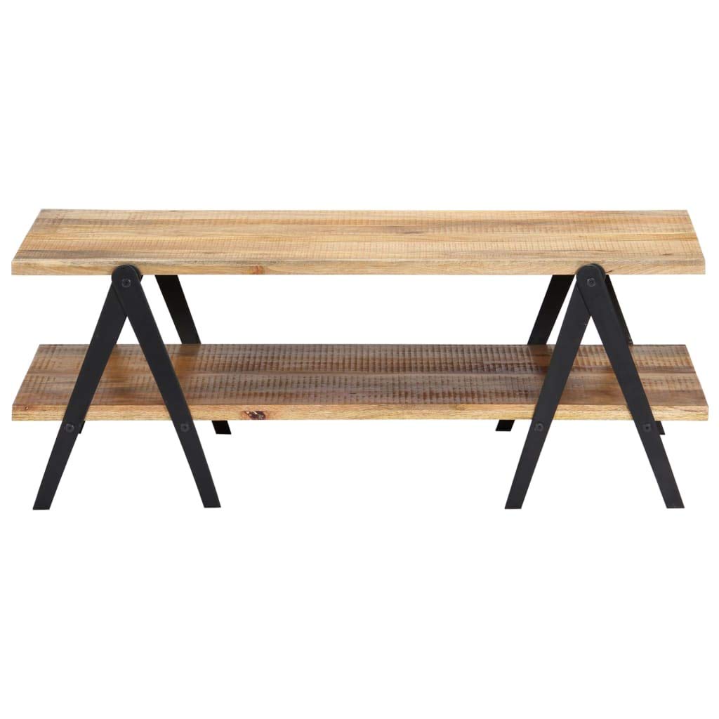 vidaXL Solid Mango Wood Coffee Table with 2 Layers, Powder-Coated Steel Legs, Polished and Lacquered - Rectangular, Industrial-Style, Brown