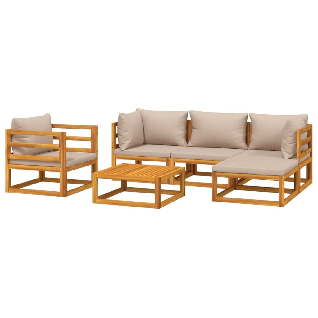 vidaXL 6 Piece Solid Acacia Wood Patio Lounge Set with Taupe Cushions – Outdoor Modular Garden Furniture Set with Sofas, Chair, Footrest, and Table