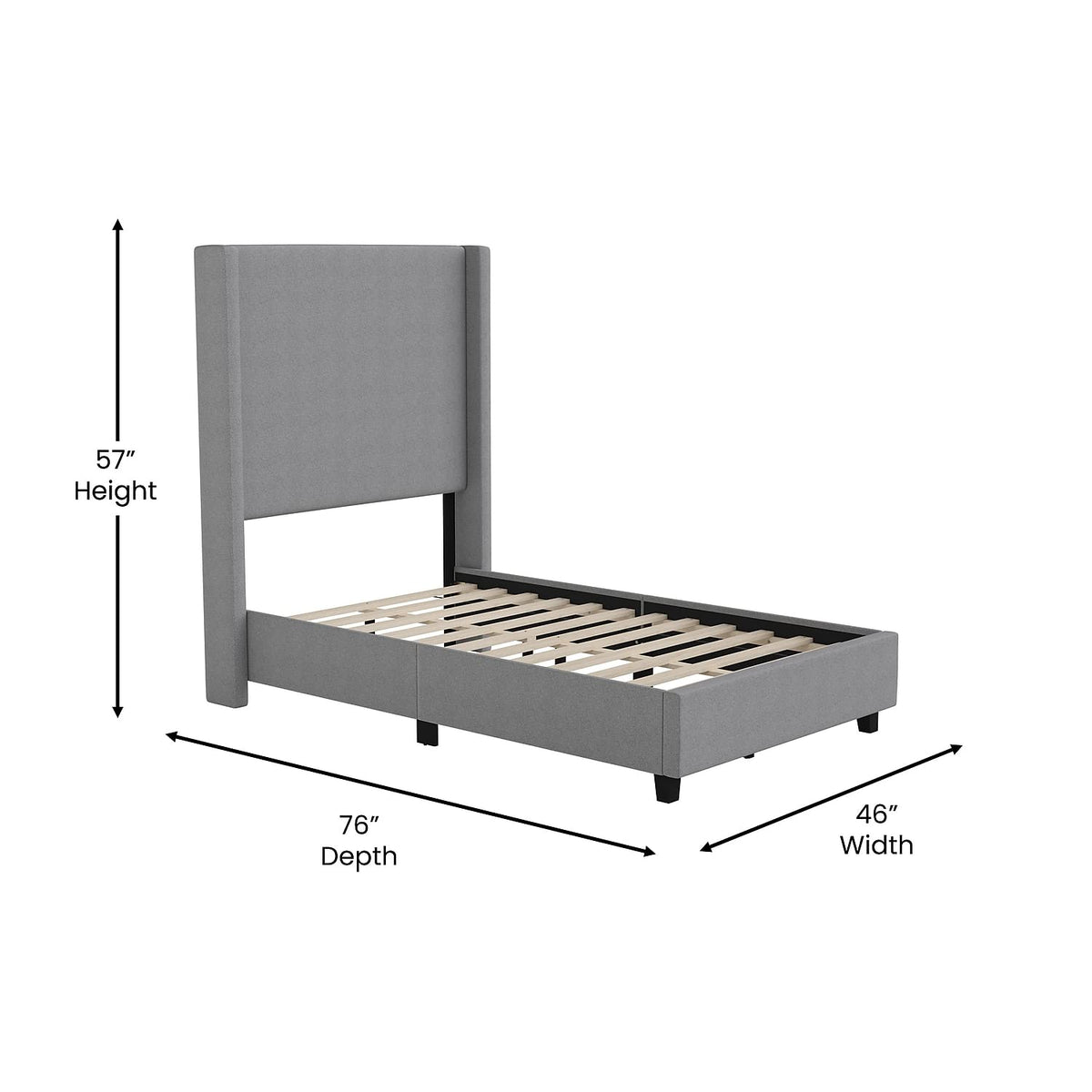 Flash Furniture Quinn Upholstered Platform Bed - Gray Channel Stitched Wingback Headboard - Twin - Mattress Foundation with Slatted Supports - No Box Spring Needed
