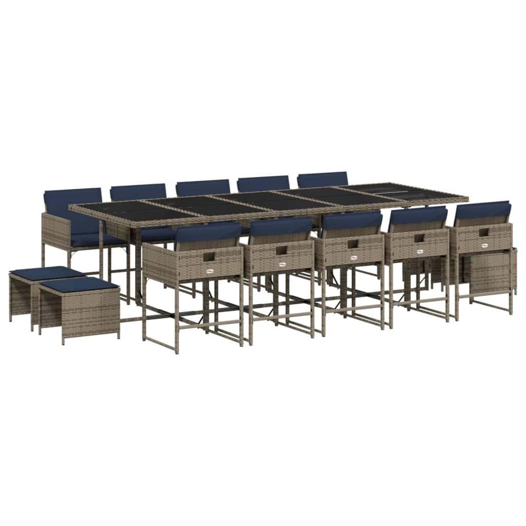 vidaXL Patio Dining Set with Cushions - 15 Piece Gray Poly Rattan Outdoor Garden Furniture - Tempered Glass Tabletop, Space-Saving Chairs and Stools, Navy Cushions