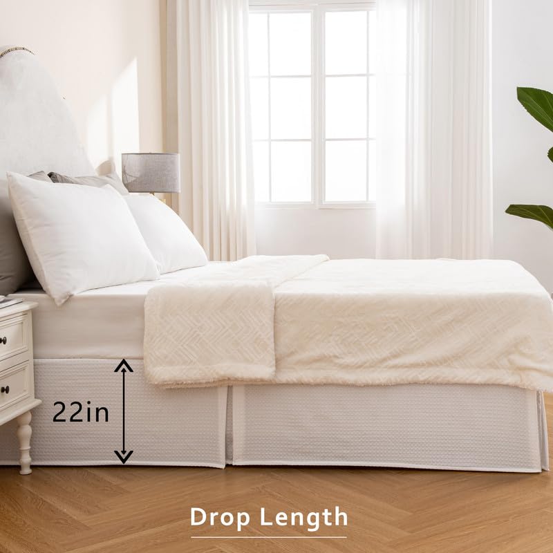 Miye Pleated Waffle Weave Bed Skirt, Tailored Dust Ruffle 22 Inch Drop Easy Fit, Machine Washable (White, Twin - 22'' Drop)