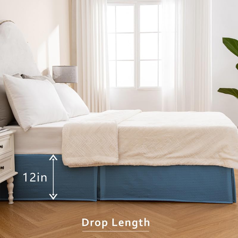 Miye Pleated Waffle Weave Bed Skirt, Tailored Dust Ruffle 12 Inch Drop Easy Fit, Machine Washable (Blue, Queen - 12'' Drop)
