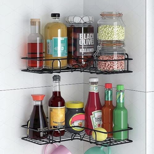 Dxdt Corner Shelf Rack, Black, Wall Mounted, Metal, Kitchen Storage Organiser, Set Of 2